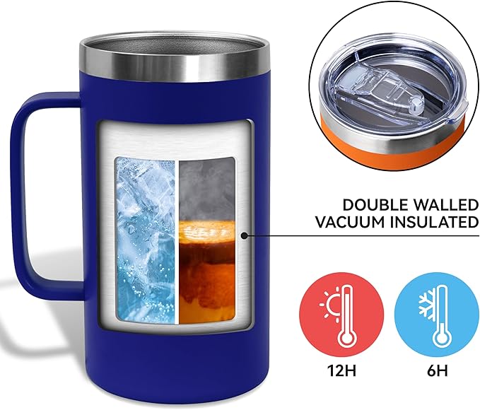 DOMICARE 24oz Mug with Handle and Lid, Stainless Steel Coffee Mug, Travel Mug with Handle, Double Wall Vacuum Coffee Tumbler, Reusable Insulated Cup, Dark Blue, Pack 4