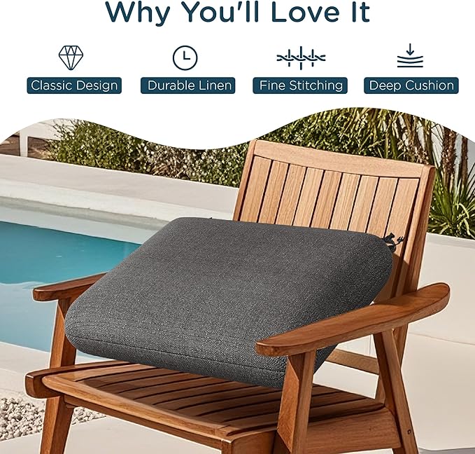 Codi Outdoor Seat Cushions for Patio Furniture 22x22 Inch, Waterproof Chair Cushion with Textured Fabric, Handles & Adjustable Straps, Fade Resistant - Set of 2, Grey