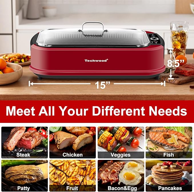 Indoor Smokeless Grill, Techwood 1500W Electric Indoor Grill with Tempered Glass Lid, Portable Non-stick BBQ Korean Grill, Turbo Smoke Extractor Technology, Drip Tray& Double Removable Plate, Red