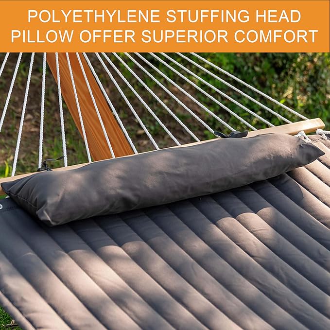 Lazy Daze Hammocks 12 FT Double Quilted Fabric Hammock and 13 FT Brown Wooden Arc Stand, with Spreader Bar, Removable Pillow, 2 Person Hammock for Outdoor Patio Poolside, 450 lb Capacity, Dark Gray