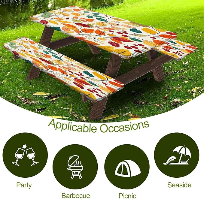 CAPSCEOLL Elastic Picnic Table Cover with Bench Covers 5Ft Waterproof Fitted Picnic Table Cover Cloths for Outdoors Camping Tablecloth with Drawstring Bag, 60X30in, Fall Leaves