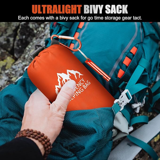Oudain 6 Pcs XL Emergency Sleeping Bag 94.5" x 49.2" Waterproof Survival Sleeping Bag with Whistle Carabiner Portable Thermal Bivy Sack Emergency Blankets for Camping Hiking Outdoor