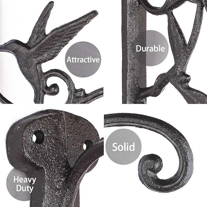 2PCS Plant Hangers Outdoor Plant Hooks for Wall/Fence, Hummingbird Hanging Plant Bracket Heavy Duty Cast Iron Plant Hanger for Lantern/Bird Feeder, Drak Brown