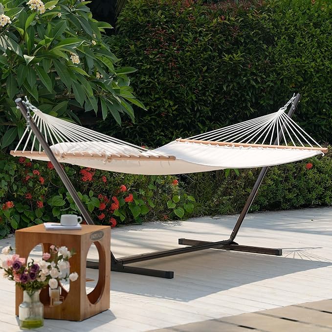 Lazy Daze Hammocks Quilted Fabric Hammock with 12 Feet Stand, 2 People Double Hammock with Stand for Outdoor Indoor Patio Garden Backyard, 450 lbs Capacity, Beige