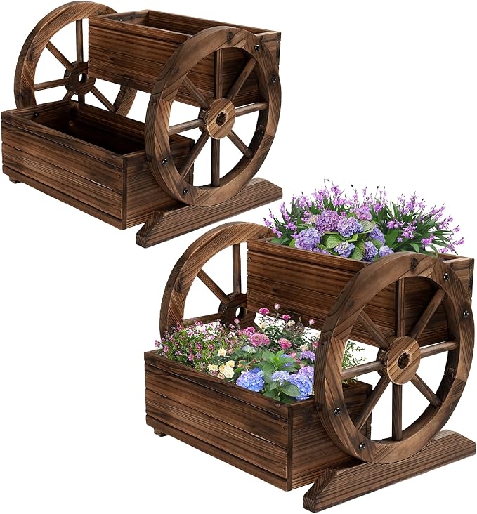 2PCS Wooden Wagon Planter Box, Garden Planter with Wheels,Decorative for Flowers Herbs Vegetables for Indoor & Outdoor Decor,Wooden Flower Cart for Patio Garden Balcony