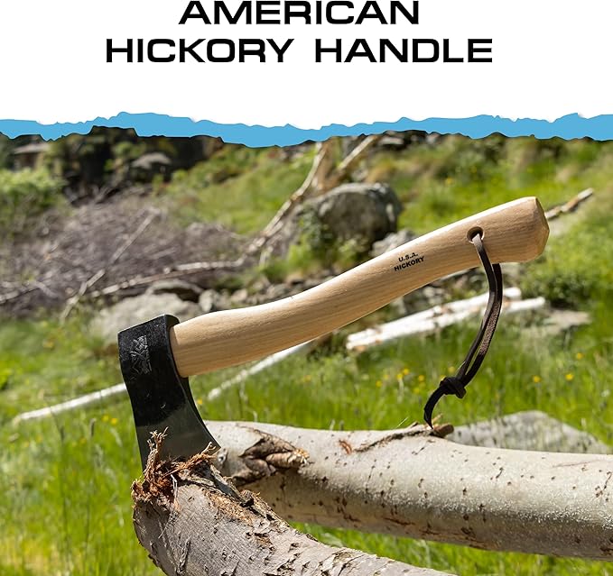 Prandi Axes Yankee C45 Forged Carbon Steel Hatchet - Hickory Handle with Leather String - Ideal for Camping, Travel and Bushcraft - S/N 3.043.06.TH - 15" L x 5.3" 1W, 600g Polished Head, No Sheath