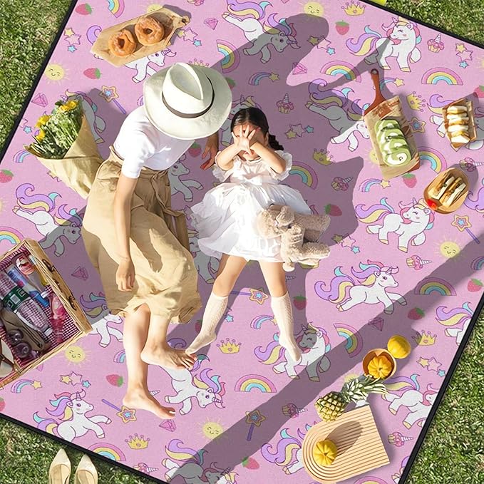 Extra Large Picnic Outdoor Blanket 80''x80'' Pink Unicorn Waterproof and Sandproof Picnic Mat for Beach Foldable Camping Accessories for Grass Lawn Park