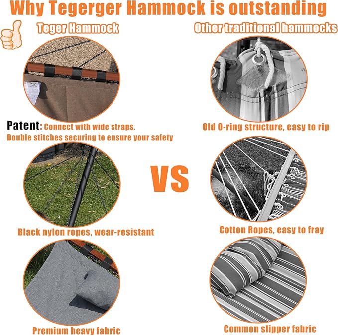 TegerDeger 12FT 2 Person Hammock with Stand Included 55 x 79IN Large Hammock 450LB Capacity with Hardwood Spreader Bar & Nylon Rope for Outside, Patio, Garden, Backyard, Beach, Poolside - Brown