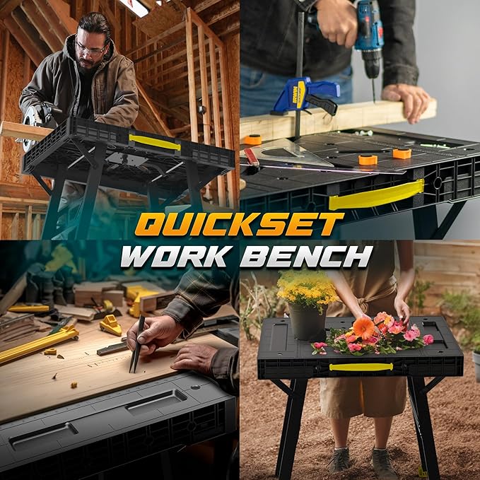Foldable Work Bench,Easy Step Protable Work Table,34" W x 25" D x 31" H Lightweight Workbench wih 1650 LBS,Work Benches for Garage,Work Bench Suitable for Garage,Workshop and Home (Yellow)