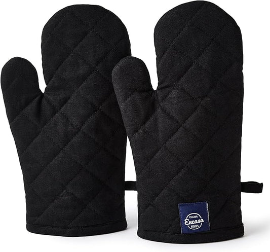 Encasa Heat Resistant Cotton Oven Gloves Mitts (2 Pc Set) - Quilted & Safe 12x7 in - for Kitchen, Cooking & Baking, Grilling, Handling Hot Pots & Pans - Full Black