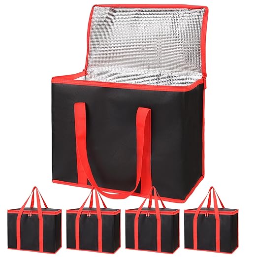 Bodaon 5-Pack Cooler Insulated Food Delivery Bag for Doordash/Uber Eats, XXX-Large Thermal Bags for Catering/Hot Pizza, Travel/Camping Essentials/Picnic/Grocery Reusable Warmer Frozen, Black-Red Edge