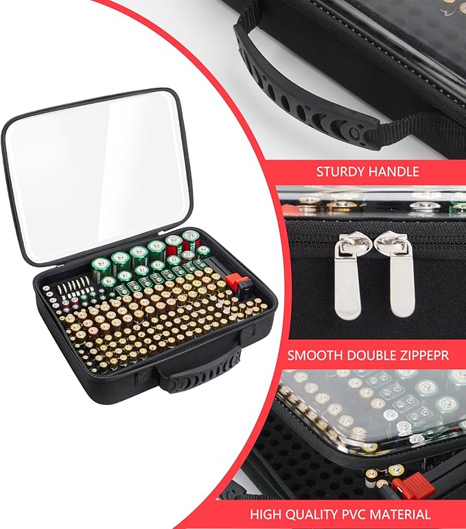 Battery Organizer Storage Case with Tester,Stores & Protects Up to 200+ Batteries, Clear Cover with Easy Carry Handle, Garage Gadget Organization Holds AA AAA C D 9V