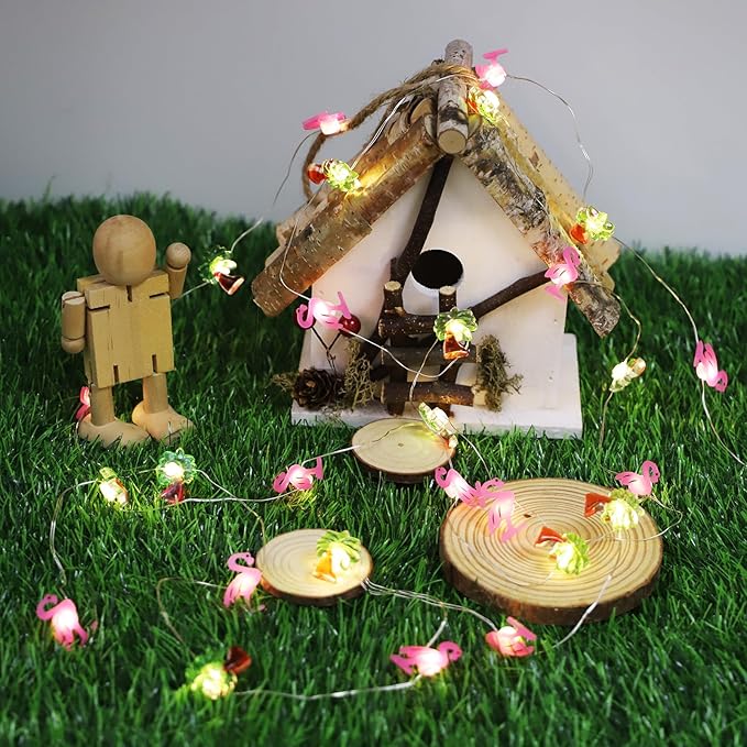 Flamingo&Palm Tree Fairy Lights 30 LED Copper String Lights with Remote Control & Battery Operated Flamingos Lights for Christmas, Summer Tropical Beach Hawaiian Decor