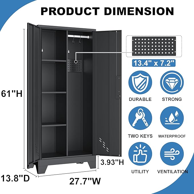 61" H Broom Closet Cabinet, Metal Storage Cabinet with Lockable Doors and Pegboard, Utility Closet for Brooms and Mops, Tool Cabinets for Home Office, Laundry Room, Garage, Workshop