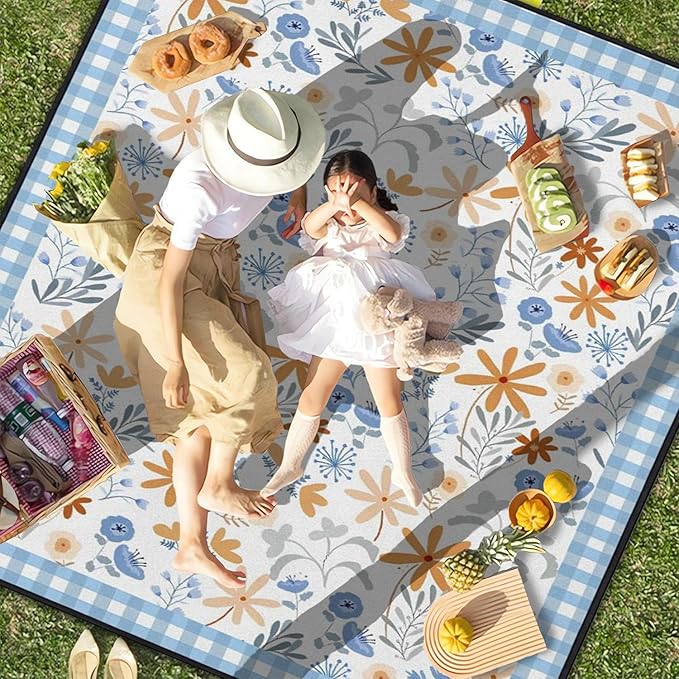 Extra Large Picnic Outdoor Blanket 60''x80'' Teal Blue Tribal Stripes Waterproof and Sandproof Picnic Mat for Beach Foldable Camping Accessories for Grass Lawn Park