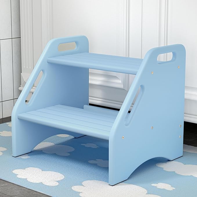 AMBIRD Wooden Step Stool, Two Step Stools 300 lbs Capacity with Safety Non-Slip Pads and Handles, Bamboo Step Stool for Bathroom, Kitchen Dual Height Step Stools for Kids (Sky Blue)