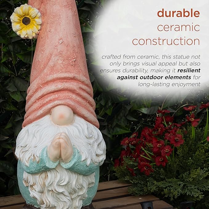 Alpine Corporation MCC846 Indoor/Outdoor Praying Gnome with Sunflower Garden Statue, Peaceful Gnome Statue w/Hat, 23" H, Pink