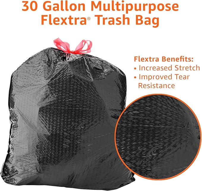 Amazon Basics 30 Gallon Flextra Strength Multipurpose Drawstring Trash Bags, 20% Post Consumer Recycled, 50 count