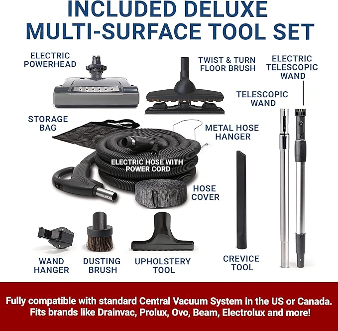 Broan-nutone 650 Air watts Residential Central Vacuum System with Standard Toolset Accessories for Cleaning Floors, Carpet, or Any Surfaces - Anti-Vibration, Powerful Suction