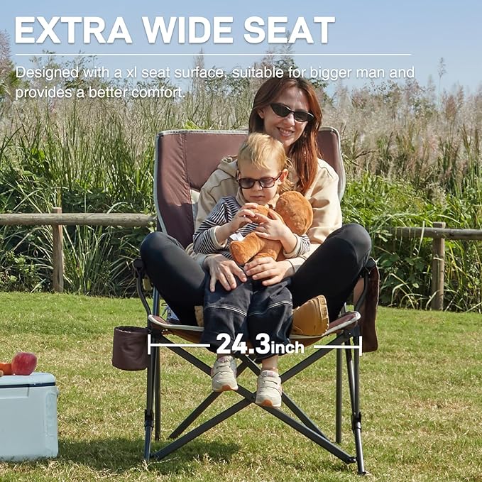 EVER ADVANCED Oversized Folding Camping Chair for Adults, Heavy Duty Lawn Chair with Side Pockets, Portable Collapsible Quad Chair for Outside, Support Up to 500lbs
