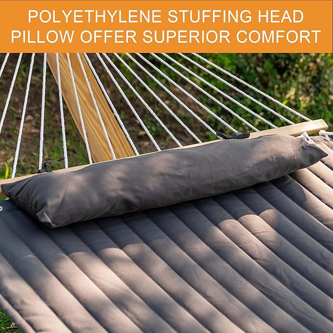 Lazy Daze Hammocks 12 FT Double Quilted Fabric Hammock and 13 FT Natural Wooden Arc Stand, with Spreader Bar, Removable Pillow, 2 Person Hammock for Outdoor Patio Outdoor, 450 lb Capacity, Dark Gray