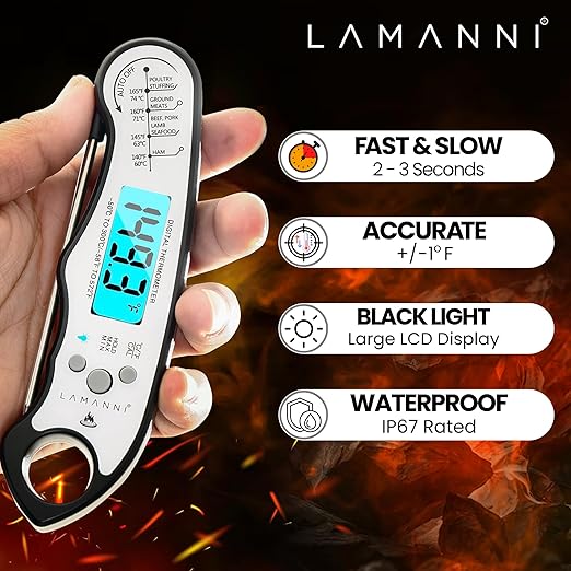 Instant Read Meat Thermometer for Cooking, Fast & Precise Digital Food Thermometer with Backlight, Magnet, Calibration, Foldable Probe, Waterproof Grill Thermometer for Deep Fry. (White Black)