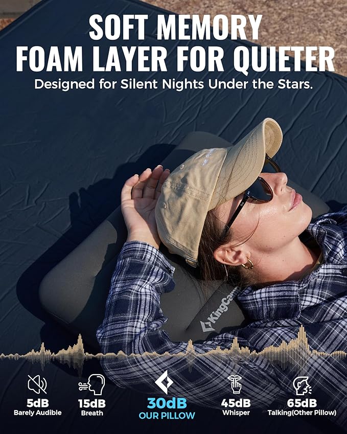KingCamp Memory Foam Camping Pillow, Extra Large Inflatable Camp Pillow, Portable Ergonomic Air Pillow with Removable Washable Cover for Camping, Hiking, Car, Beach, Travel