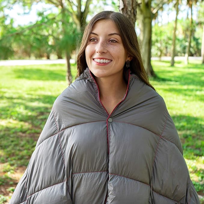 Double Puffy Camping Blanket - Extra Puffy, Packable, Lightweight and Warm | Ideal for Outdoors, Travel, Stadium, Festivals, Beach, Hammock | Water-Resistant Camp Quilt (Gray/Burgundy)
