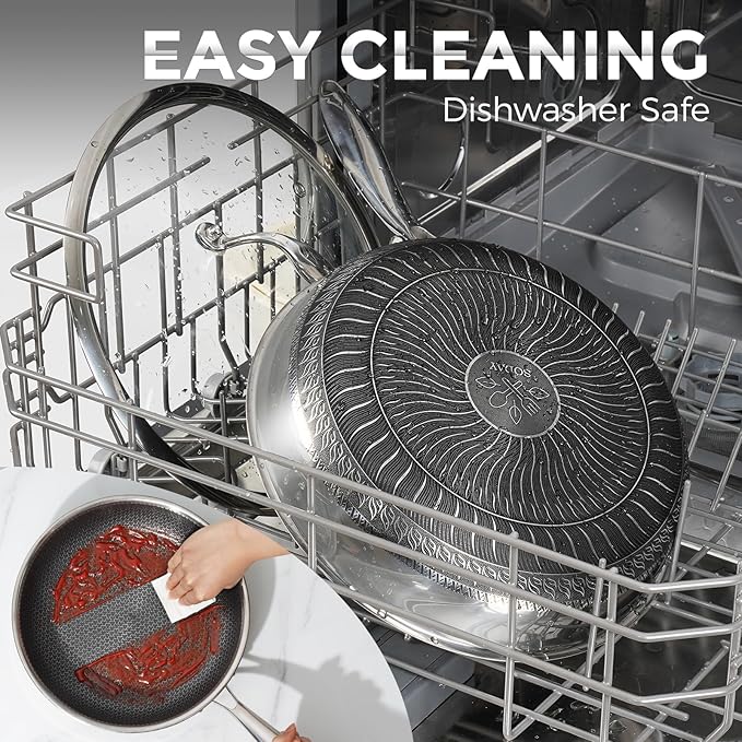 10.5 inch Frying Pan Nonstick with Lid, 2.5 Qt Deep Non Stick Stainless Steel Sauté Pan Skillet, Dishwasher and Oven Safe, Compatible with All Cooktops