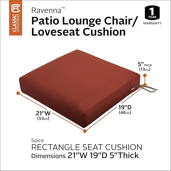 Classic Accessories Ravenna Water-Resistant 21 x 19 x 5 Inch Outdoor Seat Cushion, Durable Patio Furniture Cushion with Straps,Spice, Patio Loveseat Cushion