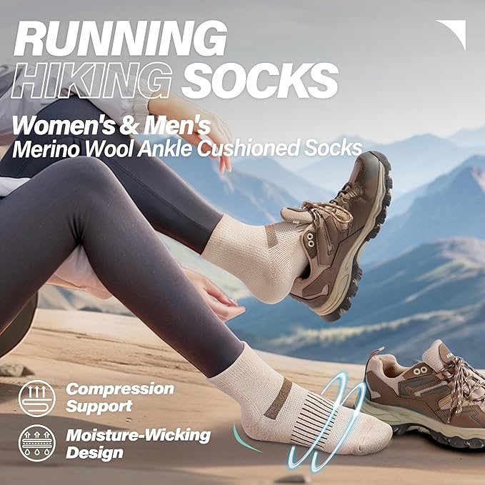 6 Pairs Merino Wool Ankle Running Hiking Socks Compression Support Breathable Thick Cushion No Show Socks for Women Men