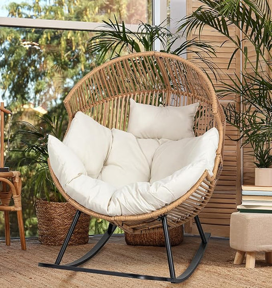 JAMFLY Egg Chair Outdoor Rocking Chairs, Wicker Patio Chair Oversized Lounger Chair with Cushion for Indoor Living Room Bedroom Outside Patio Backyard Balcony, Beige