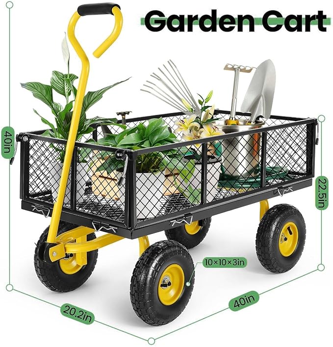 Homdox MAX 880 Lbs Garden Cart, Heavy Duty Foldable Mesh Steel Garden Wagon with 180° Rotating Handle and 10 Inch Tires, Pullable Yard Cart for Yard Garden Beach Farm, Yellow with Bag