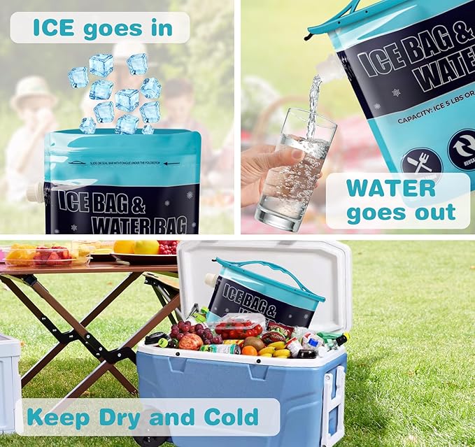 Ice Bags for Cooler, Reusable Ice Cube Bag with Sealed Sliding Handle, Long Lasting Cold Dry Freezer Packs, 5lb & 2.5lb Leakproof Water Bag for Camping Hiking Fishing & Drinks(1 Large & 1 Medium)