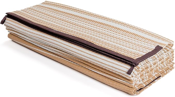 FH Home Outdoor Camping Rug - Waterproof, Fade Resistant, Reversible - Premium Recycled Plastic - Striped - Large Patio, Deck, Sunroom, RV - Havana - Beige - 5 x 8 ft Foldable