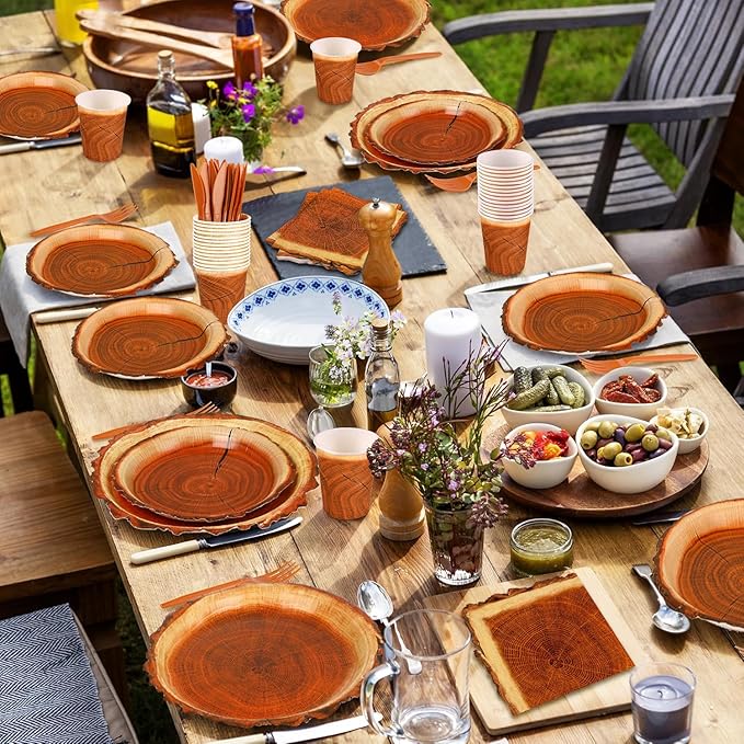 200 Pieces Camping Wood Grain Slice Party Supplies Set Paper Plate Cup Napkin for Camping Woodland Baby Shower Lumberjack Birthday Featuring a Round Wooden Slice Die Cut Edge Design Serve 25