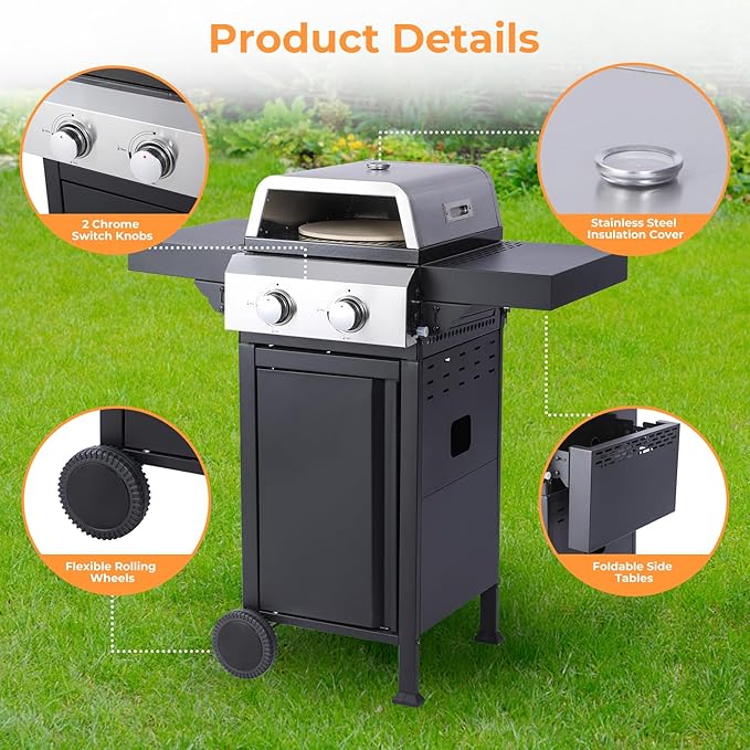 2 Burner Propane Grill with Pizza Box, Durable Lid, Wheels, Foldable Side Tables, Stainless Steel Burner, 24,600 BTU Gas Grill for Patio, Garden Barbecues