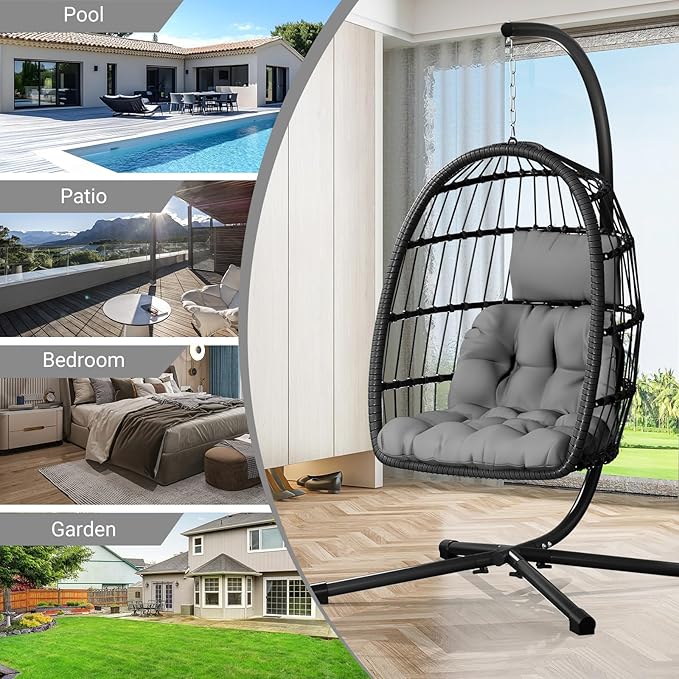 Egg Chair with Stand,Patio Rattan Wicker Hanging Swing Egg Chair Hammock Chair for Bedroom Porch Garden,Thickened Aluminum Alloy Steel Frame and UV Resistant Cushion,350LBS Capacity
