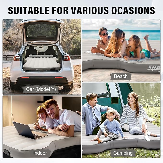 Self-Inflating Car Air Mattress for Tesla Model Y 2025 2024-2020 / Model Y Juniper 2026 Accessories Outdoor Camping Air Bed with 2 Pillows Built-in Pump Air Couch Flocking Air Cushion (Beige&Gray)