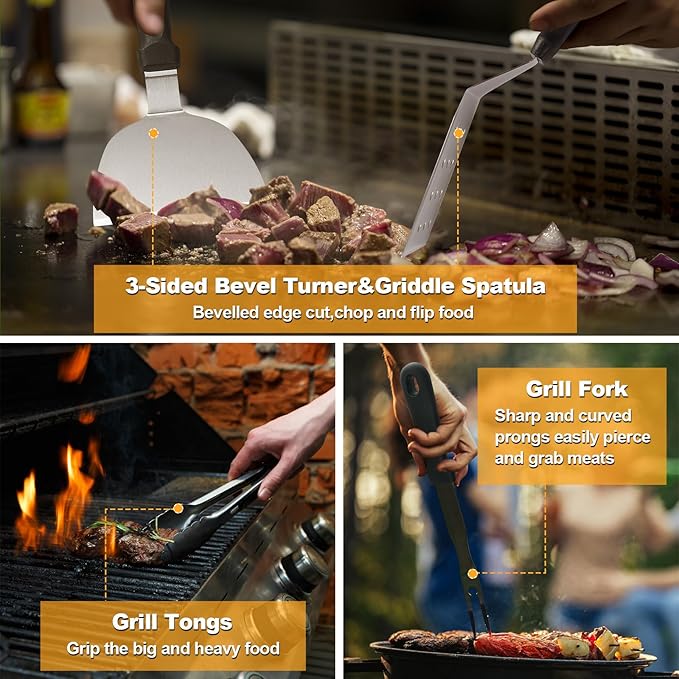 Griddle Accessories Kit, Terlulu 29 PCS Flat Top Grill Accessories for Blackstone and Camp Chef, Metal Spatula Set with Burger Press, Melting Dome, Scraper, Tongs, Carry Bag for Outdoor Grilling BBQ