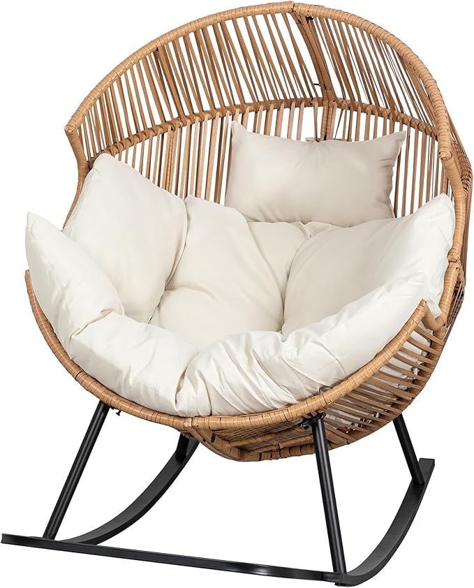 JAMFLY Egg Chair Outdoor Rocking Chairs, Wicker Patio Chair Oversized Lounger Chair with Cushion for Indoor Living Room Bedroom Outside Patio Backyard Balcony, Beige