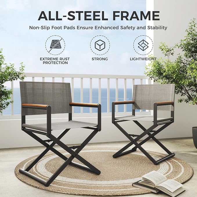 Grand patio Extra-Wide 2-Pack Directors Chairs, Folding Dining Chair Set of 2 with Sling, Woodgrain Armrests, Outdoor, Gray