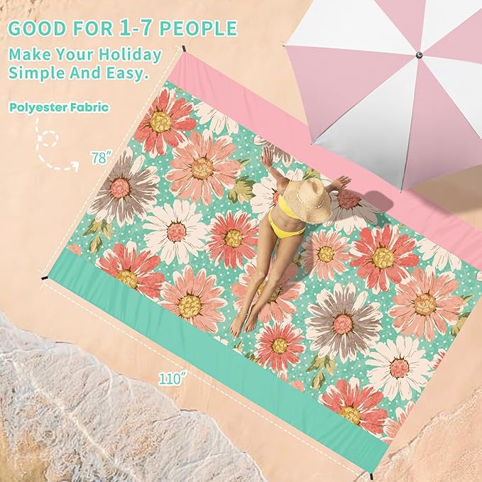 BYDOLL Beach Blanket Waterproof Sandproof 78''×110'' Suits1-7 Adults Compact Lightweight Oversized Sand-Free Blanket Large Picnic Mat for Beach Travel Camping Hiking