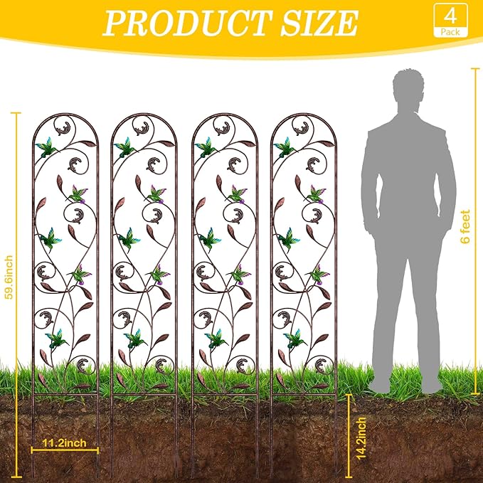 aboxoo Set of 4 Packs Hummingbird Metal Garden Trellis for Climbing Plants,Outdoor Decorative Flowers Arch Fence Trellis for Outdoor Patio,Garden,Yard,Backyard,Wall Brackets,60'' H x 11'' W