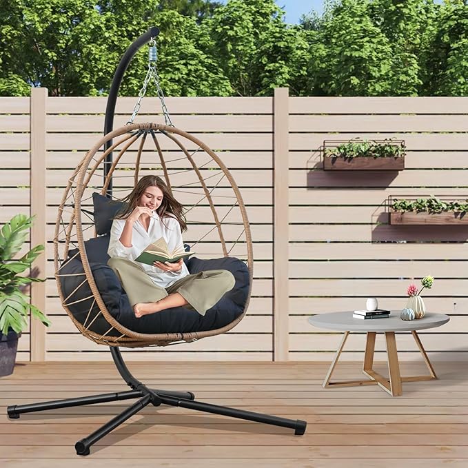 Egg Chair with Stand, Uv-Proof Pe Wicker Hanging Chair for Outdoor Patio, Cushioned Hammock Swing for Bedroom Garden Indoor/Outdoor, Double-Zipper Structure Hanging Egg Chair (Yellow and Black)
