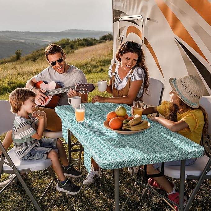 Fitted 6Ft Picnic Table Cover with Chair Covers Elastic Polyester Stain Resistant Reusable Camping Table Cloth Patio Glamping Equipment Hiking Rv Outdoor Necessities Gifts for Grandma Grandpa