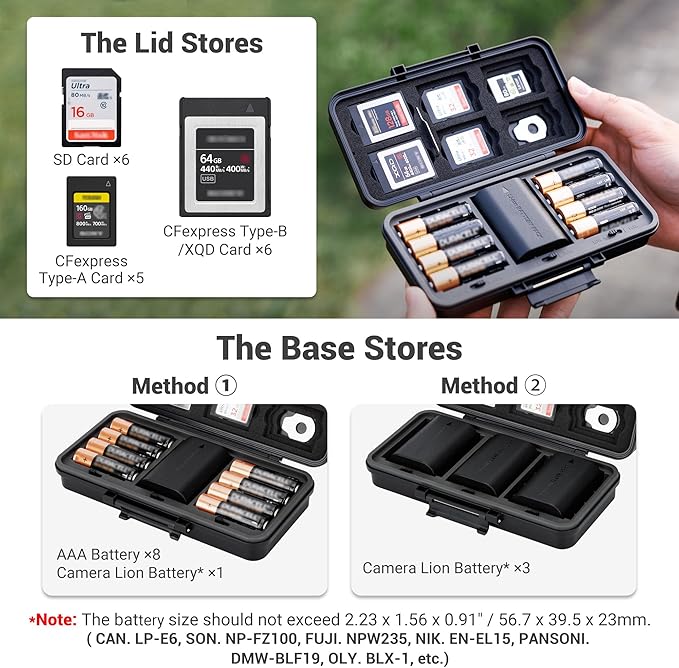 JJC Camera Battery & SD Card Case for 3 Camera Batteries, 6 SD Cards, 5 CFexpress Type A Cards, 6 CFexpress Type B or XQD Cards, Water-Resistant & Anti-Shocked DSLR Battery SD Card Holder