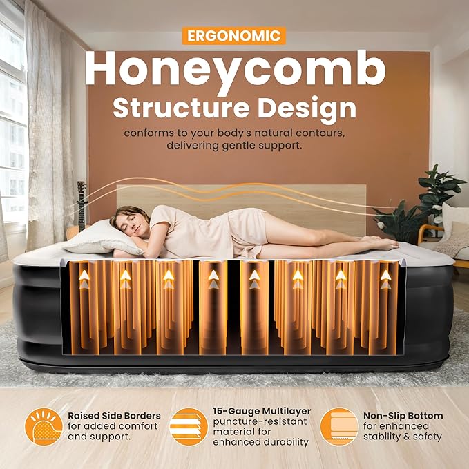 King Air Mattress, 18” Raised Inflatable Bed with Built-in Pump, Waterproof Velvety Top, Ergonomic Design, Reinforced Support, and Carry Bag for Home, Camping, and Guests
