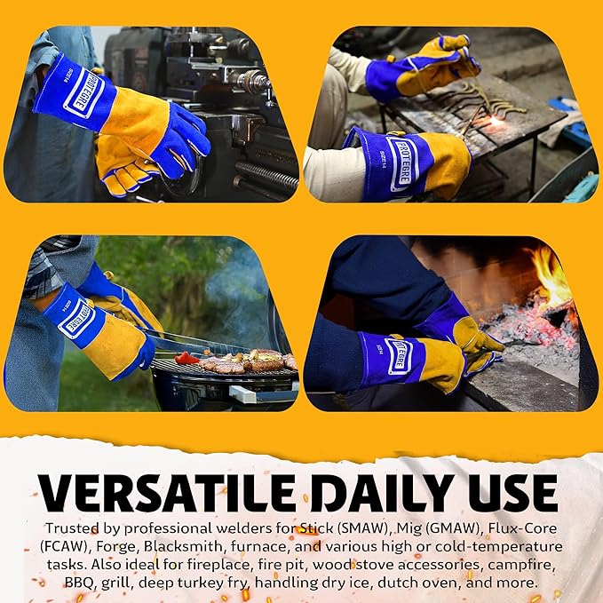 16” Welding Gloves – Heavy-Duty Heat & Flame Resistant Cowhide Leather, Kevlar-Stitched, 932℉ Protection for MIG, Stick, Forge, Fireplace, BBQ, Wood Stove (𝐁𝐥𝐮𝐞/𝐘𝐞𝐥𝐥𝐨𝐰)