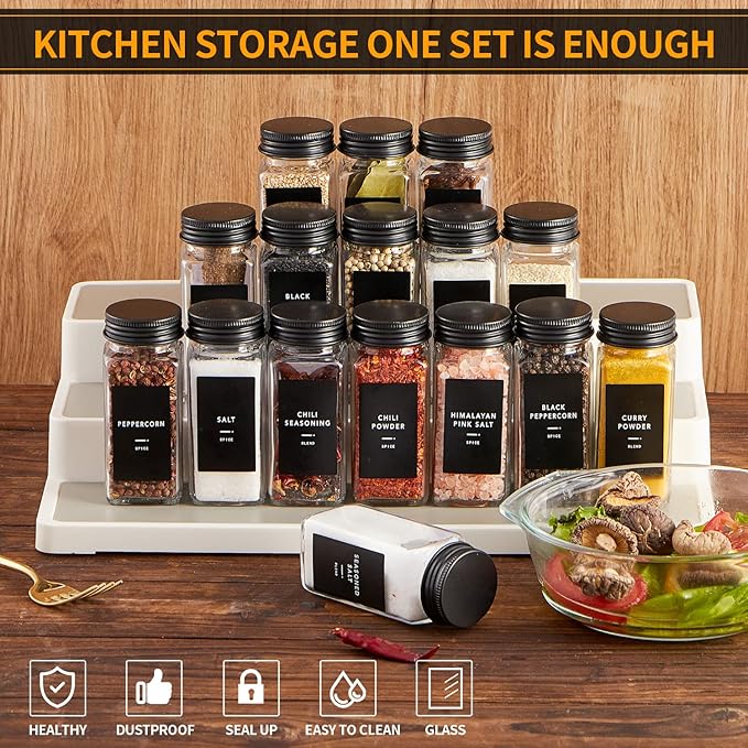 36 Pcs Spice Jars with Label- Glass Spice Jars with Black Metal Caps,Shaker Lids, Funnel, Chalk Pen, Brush,Cleaning Cloth 4oz Seasoning Containers Bottles for Spice Rack, Cabinet, Drawer